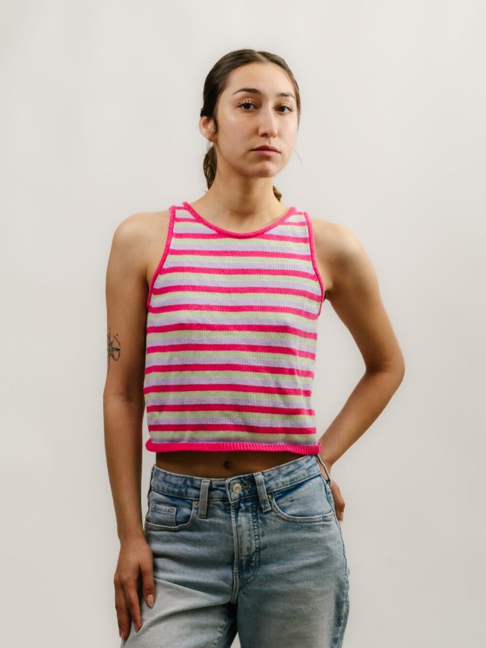 Y2K Striped Knit Tank Top (XS) medium pink green vintage womens boho cutout cute